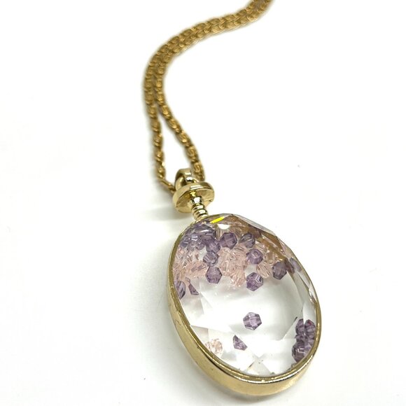 VINTAGE SHAKER NECKLACE GOLD TONE CRYSTAL OVAL PENDANT LONG SNAIL LINK CHAIN - Picture 4 of 12